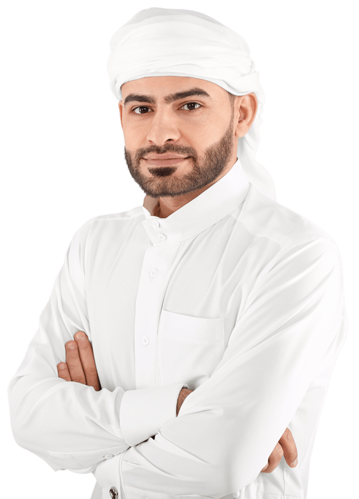 Handsome young muslim male in traditional Islamic clothing standing in front of financial chart